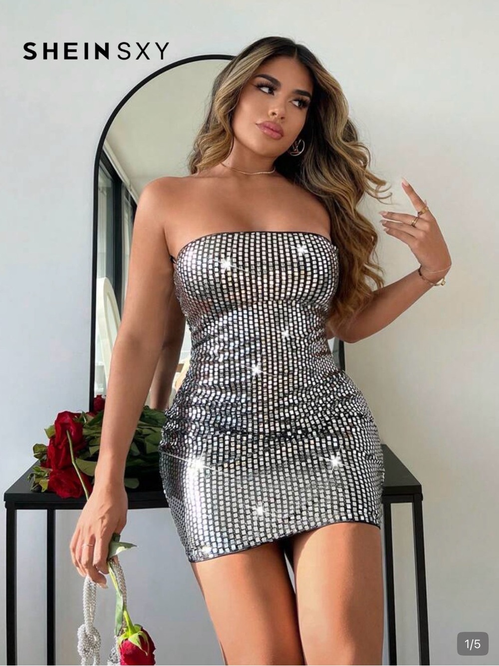 SHEIN Silver Mirror-Sequin Strapless Mini Dress
